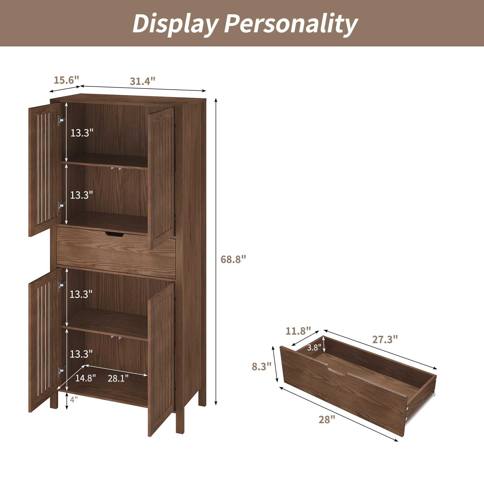 BVIUNTWO 69" Tall Farmhouse Storage Cabinet with Drawer & Adjustable Shelves, Grille Door Organizer Unit, Anti-Tip Design for Bathroom, Kitchen, Living Room, Rustic Brown