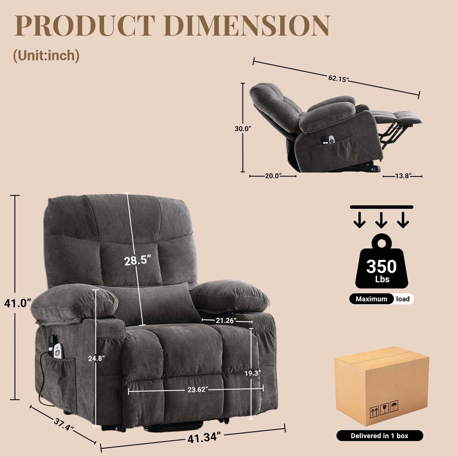 Power Lift Recliner Chair for Elderly with Lumbar Heat and Vibration Massage, Electric Lift Recliner Chair with Remote Control and USB Port,4 Storage Pockets & 2 Cup Holders for Living Room - Grey