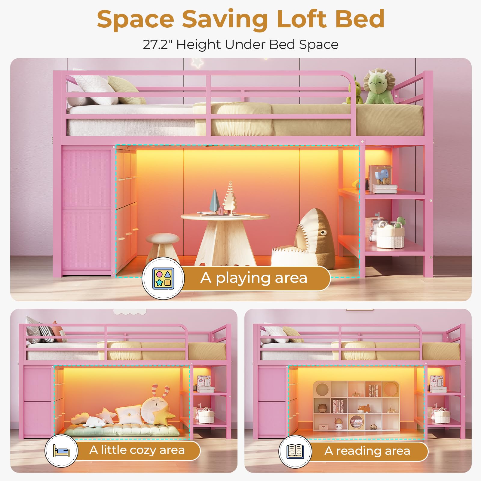 Kids Twin Low Loft Bed with LED Lights & Storage