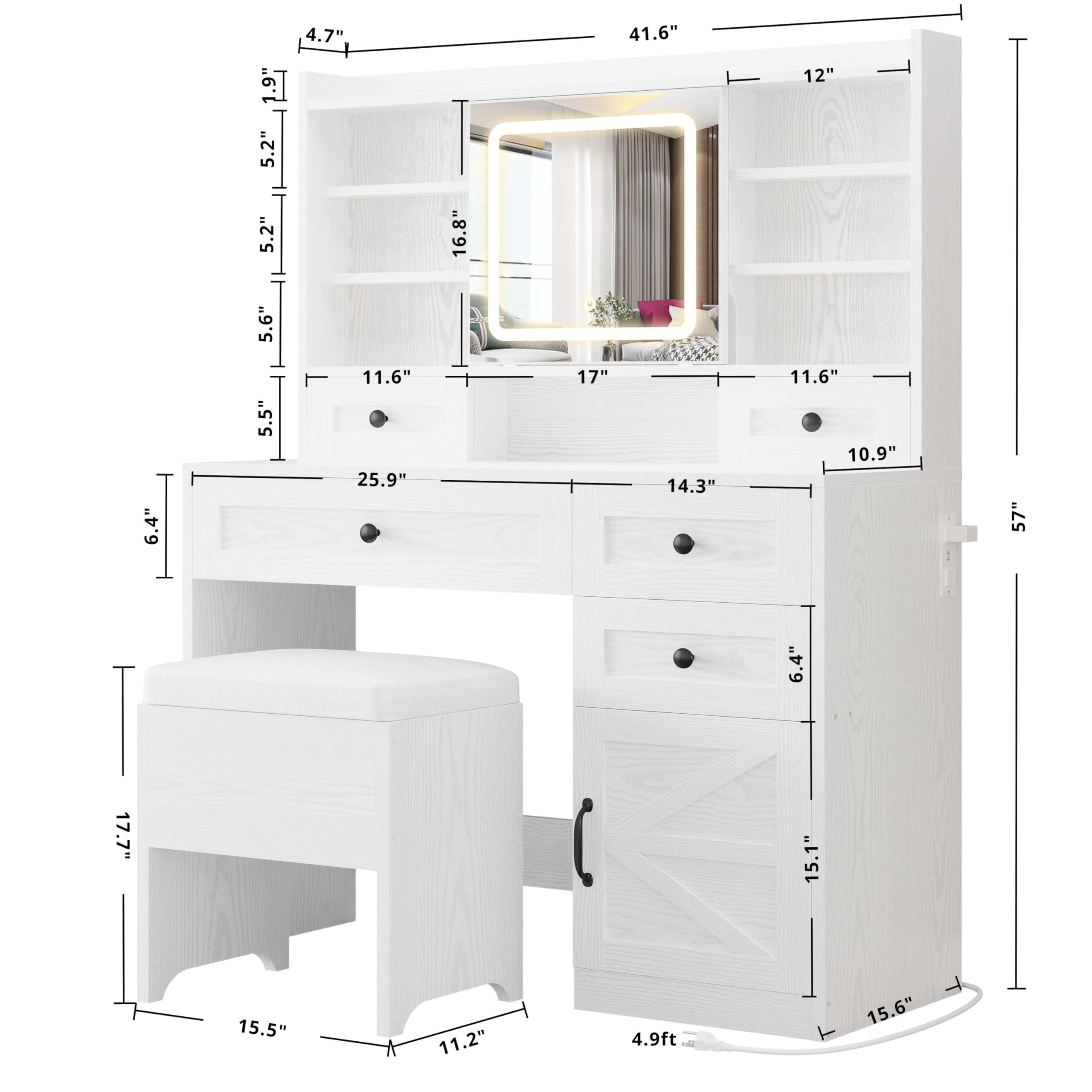 IRONCK Vanity Desk with LED Lighted Mirror, Large Storage Makeup Vanity Table with 5 Drawers, Cabinet, 7 Open Shelves, Power Outlet, Storage Stool, Bedroom, White