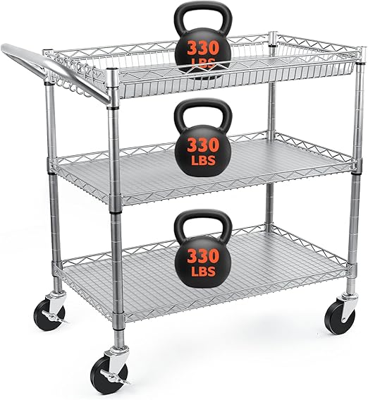 3-Tier Heavy Duty Rolling Utility Cart with Wire Shelving