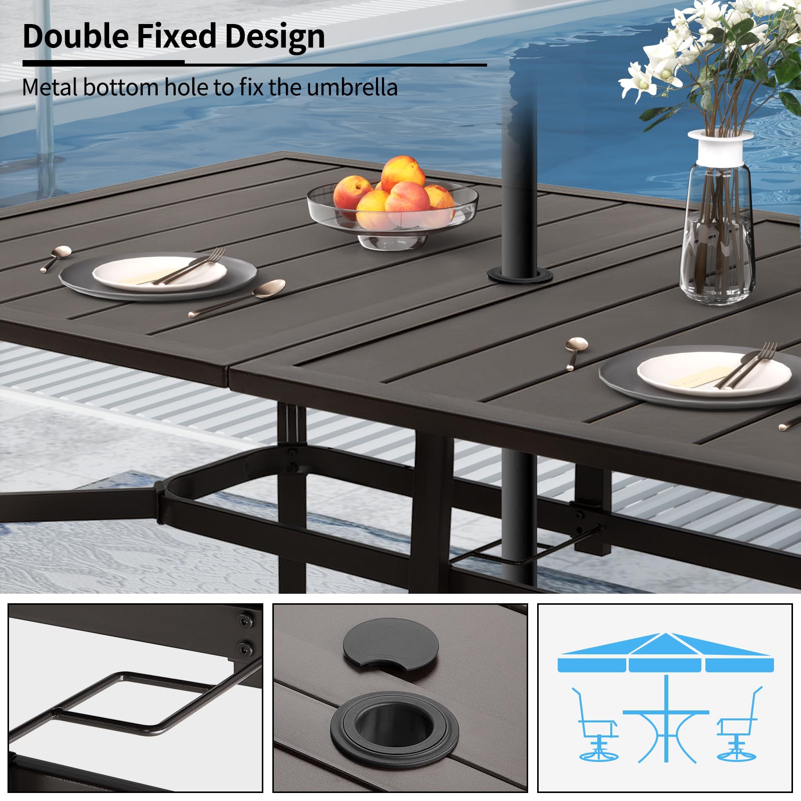 ADREAK Outdoor Metal Steel Rectangle Patio Dining Table, 6 Person Patio Table with Adjustable Umbrella Hole, Weather-Resistant for Garden Backyard Porch, Dark Brown