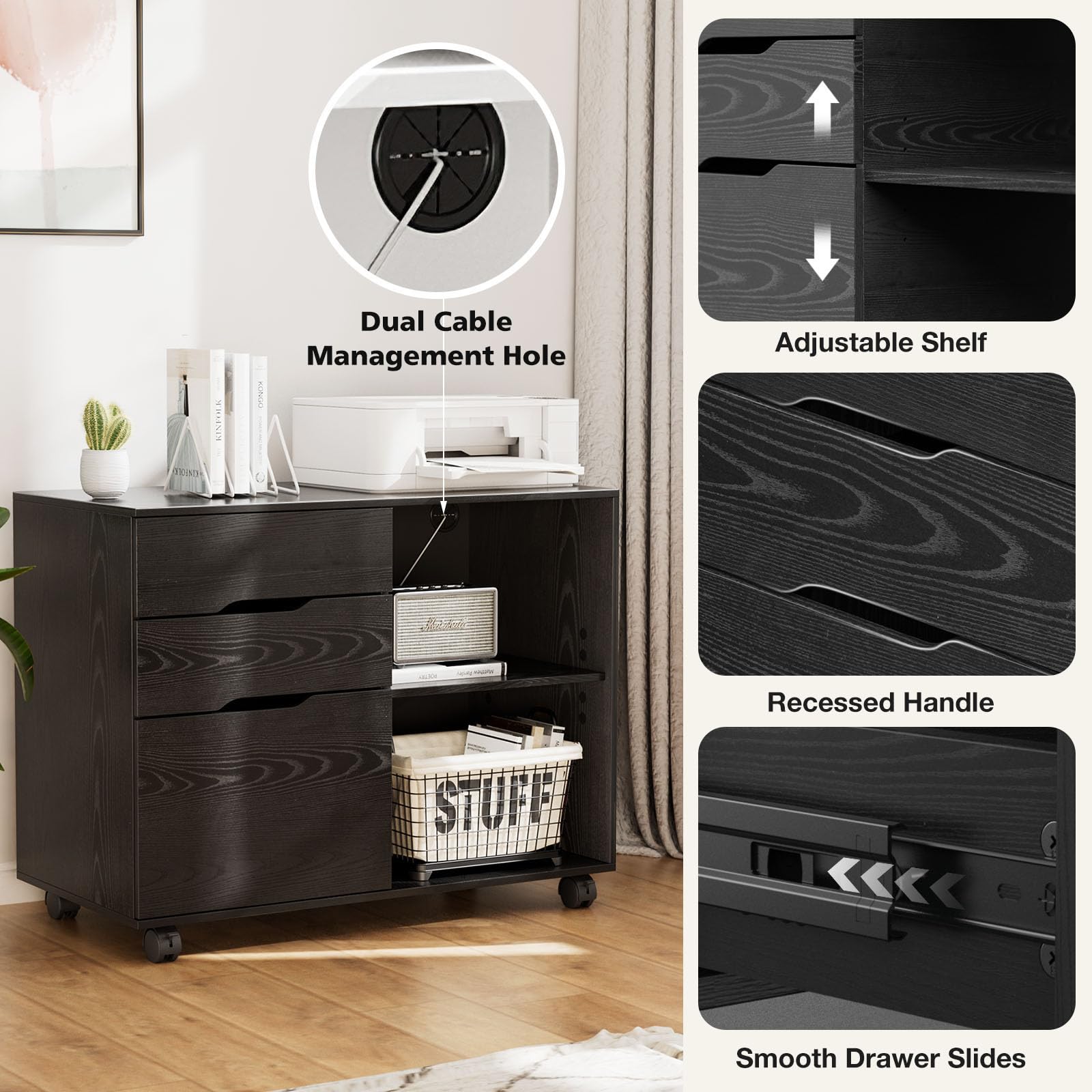 3-Drawer Rolling File Cabinet with Printer Stand