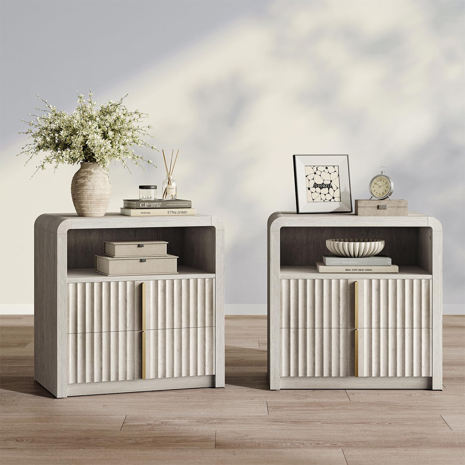 ModernMate Night Stand Set of 2, 23.6" Fluted Nightstand with 2 Drawers, Curve Profile Bedside Table with Solid Metal Handle, Thicken End Side Table for Bedroom, White Alder