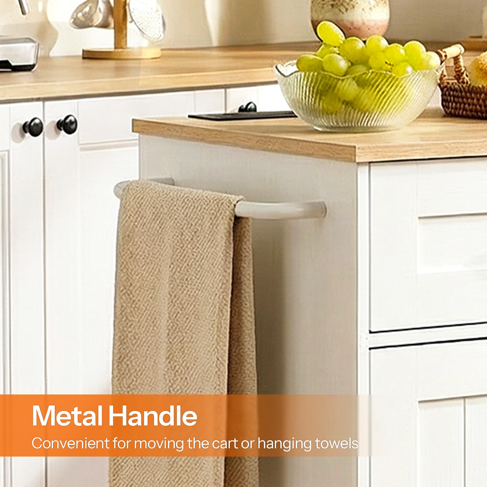 HOOBRO Kitchen Island on Wheels, Kitchen Island Cart with Power Outlet, Kitchen Storage Island with Spice Rack and Drawer, Island Table for Kitchen & Dining Room, White and Natural WN36UZD01