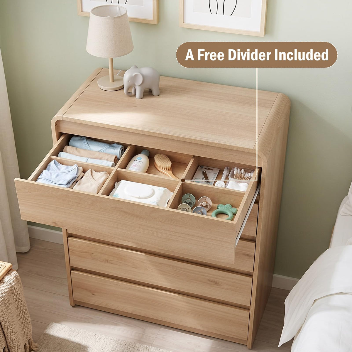 Madaha 5 Drawer Dresser for Bedroom,Curved Edge Design Modern Dressers & Chest of Drawers, Nursery Dresser Natural Oak
