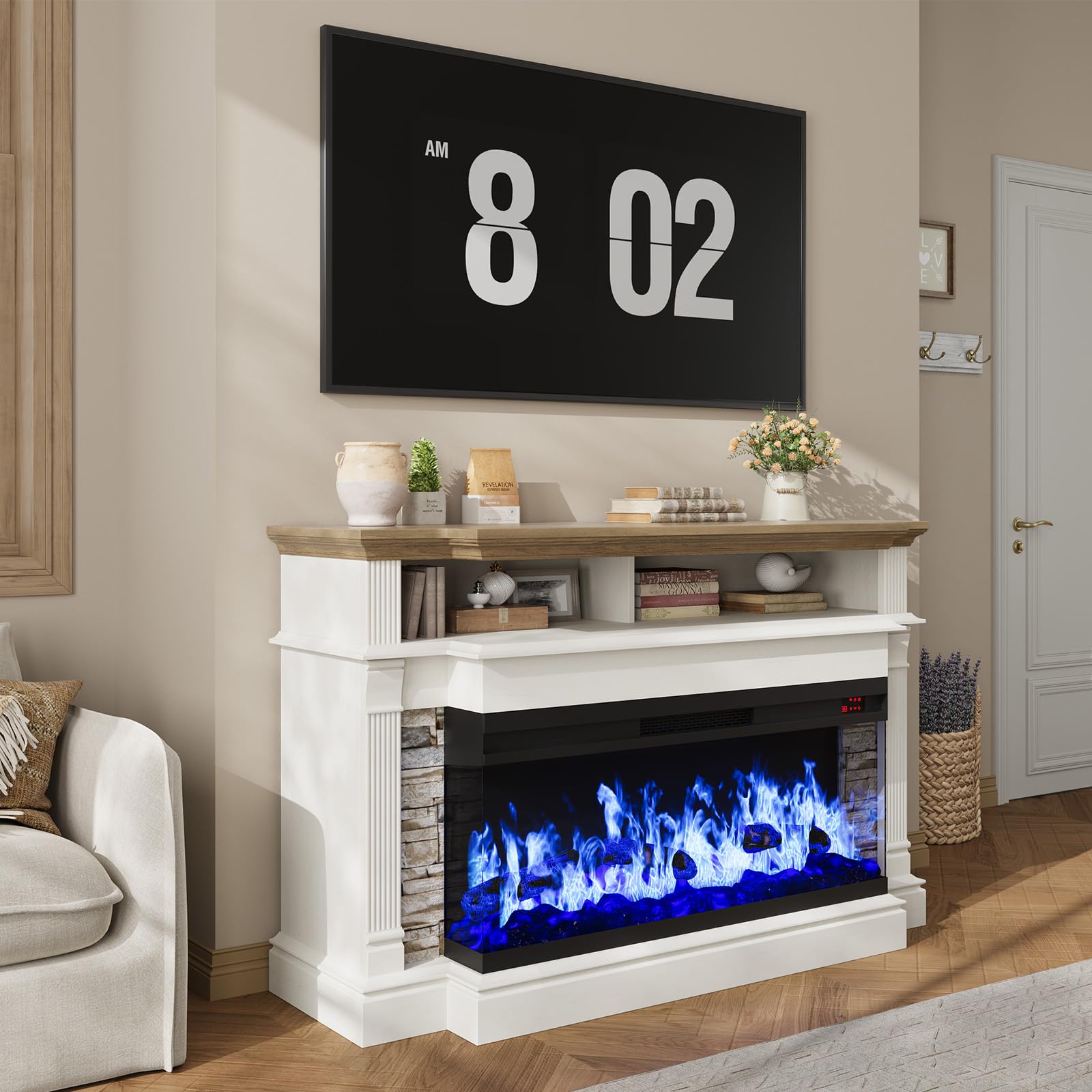 QUW Fireplace TV Stand for TVs up to 65", Farmhouse 52" Fireplace Entertainment Center with 36" 3-Side Glass Electric Fireplace, TV Console with Open Storage Shelves for Living Room, Antique White