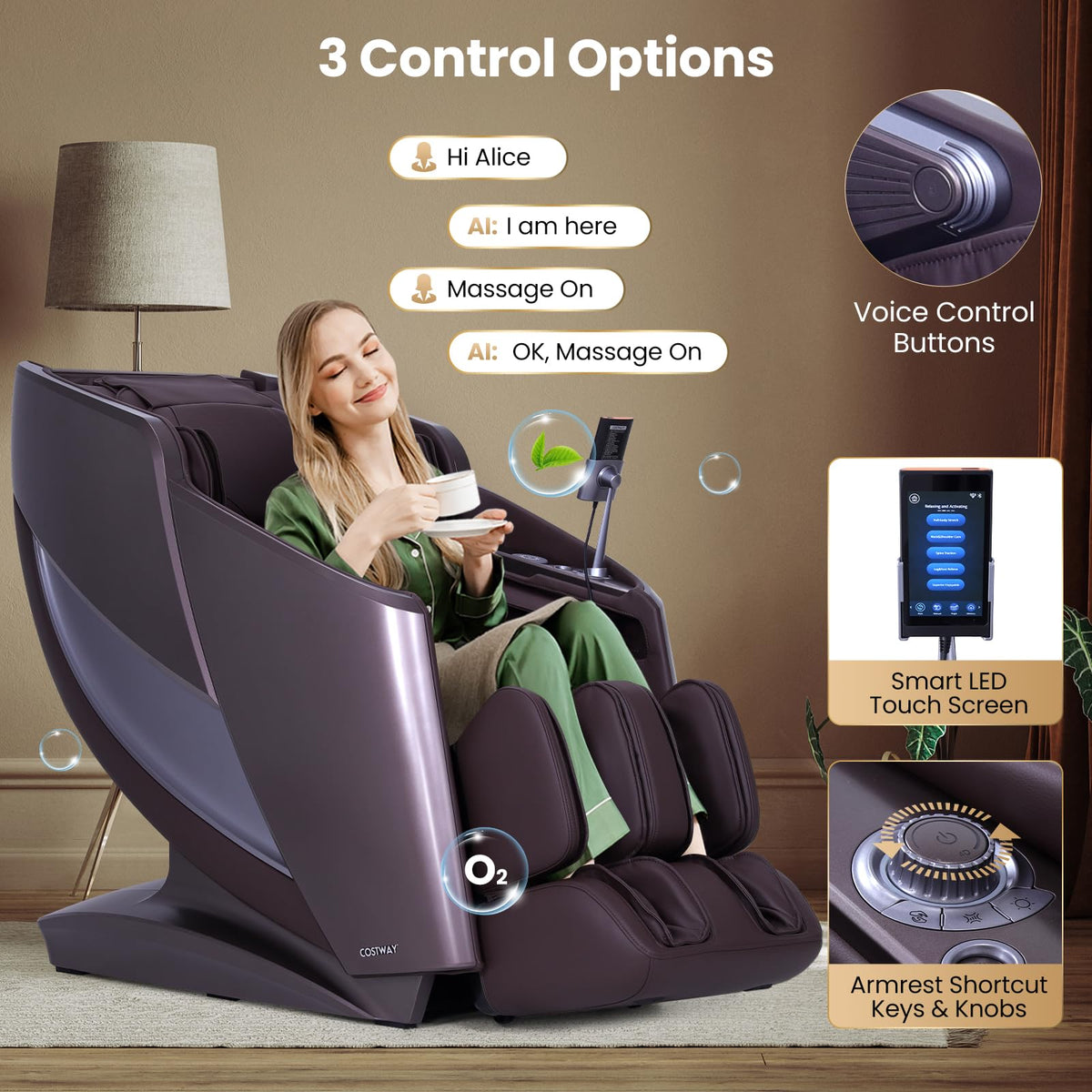 COSTWAY 4D Flexible Track Massage Chair, Full Body Zero Gravity Massage Recliner w/Airbags, Waist Heater, Electric Calf Frame, Auto Body Scan, Wireless Charging Station, Thai Stretching, Brown