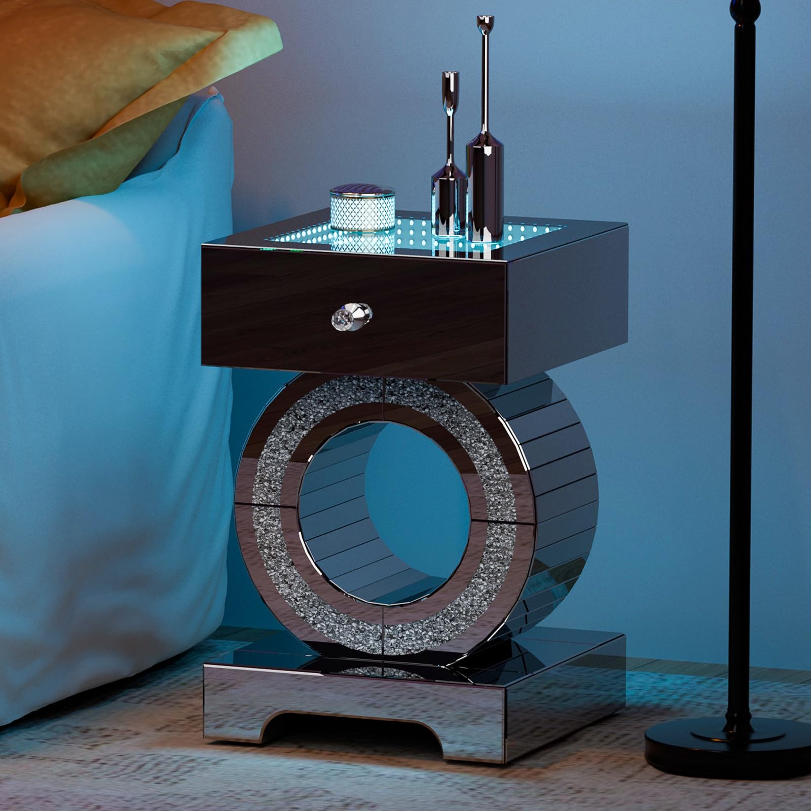 IKIFLY Mirrored End Table with LED Light, Mirrored Accent Nightstand with Drawer, Silver Crushed Diamond Side Table with O-Shaped Base for Living Room, Bedroom and Office (Remote Control Included)