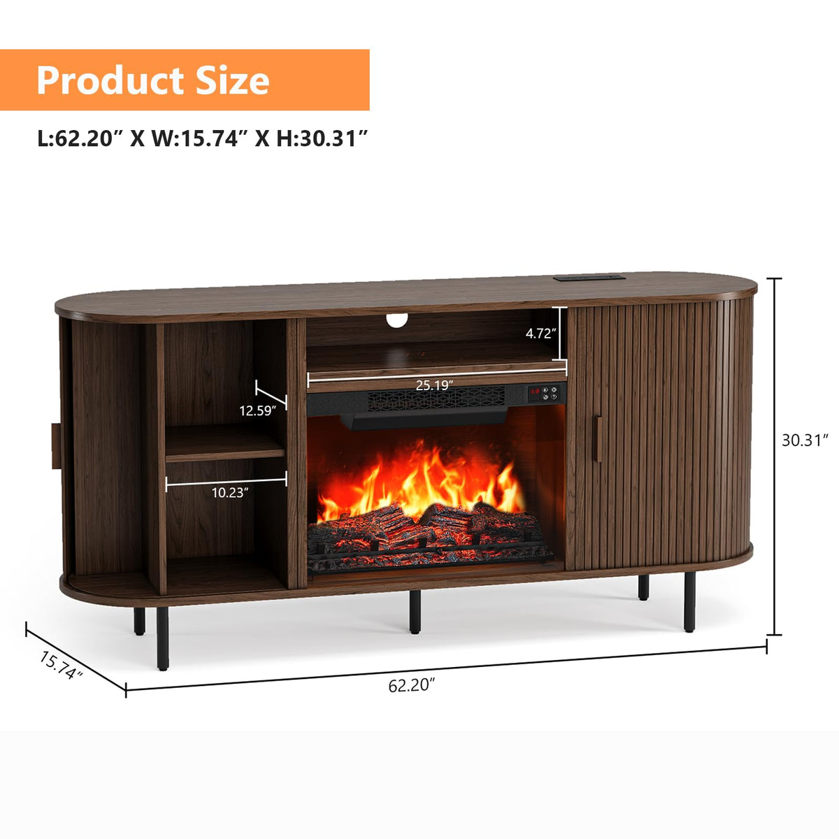ONBRILL 63" Fluted Fireplace TV Stand with 23" Electric Fireplace, Walnut