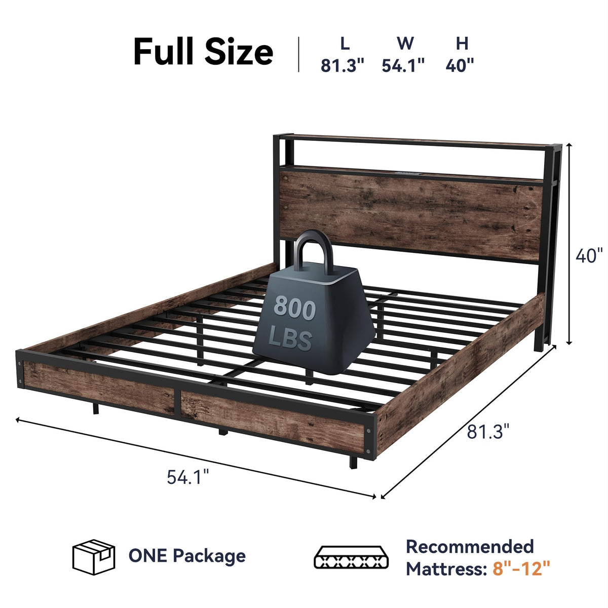 Susalt Full Size Bed Frame with Storage Headboard, Sturdy Metal Platform Bed Frame with LED Lights and Charging Station, Easy Assembly, No Box Spring Needed, Noise Free, Rustic Brown