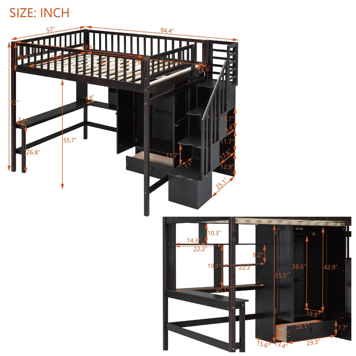Full Size Loft Beds Stairway Loft Bed Frame with Wardrobe, Desk, Bookcase and Drawers, Espresso