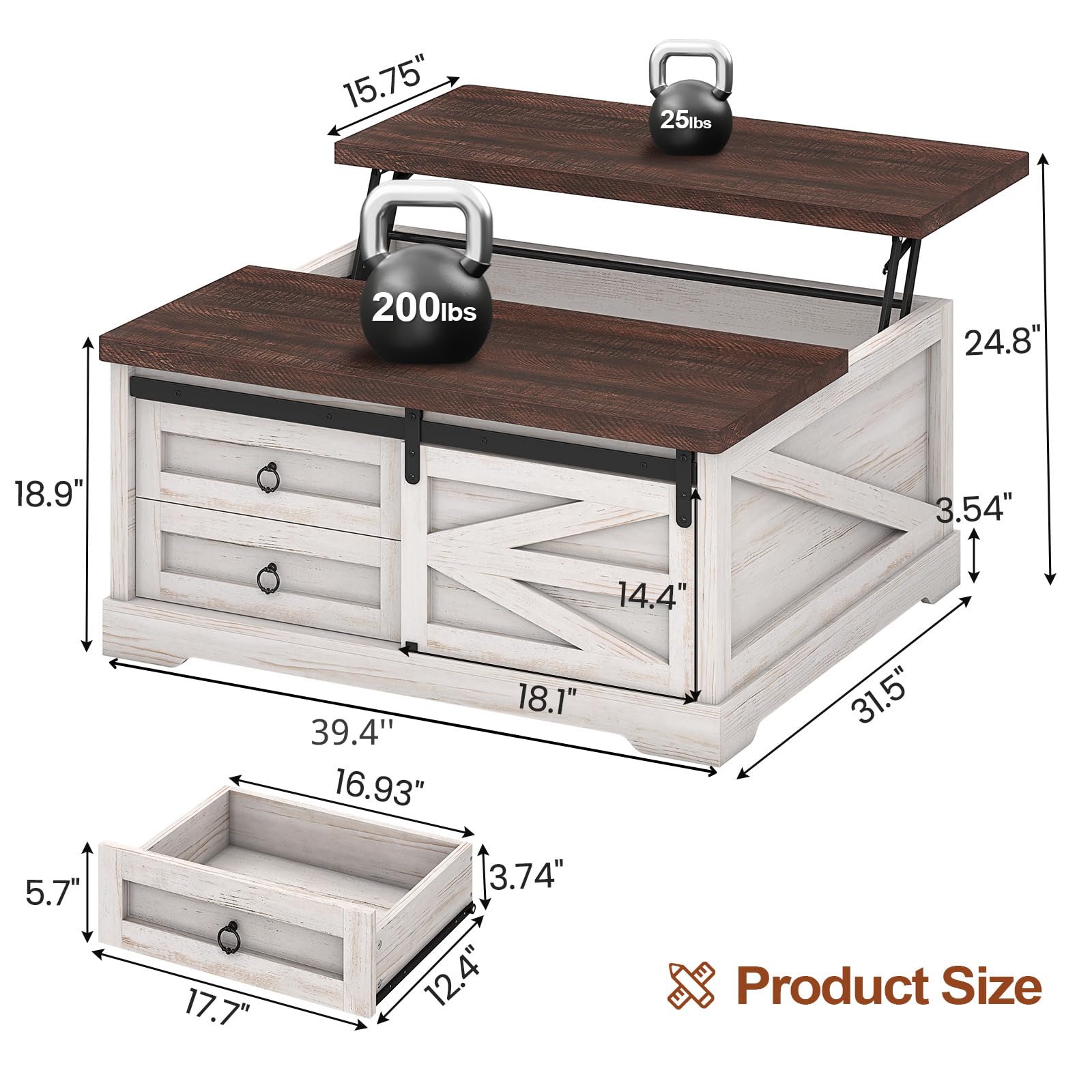 Itaar 39.4'' Lift Top Coffee Table with Storage, Farmhouse Coffee Tables for Living Room, Square Coffee Table with Large Hidden Compartment & 2 Drawers & Adjustable Shelves, Vintage White+Walnut