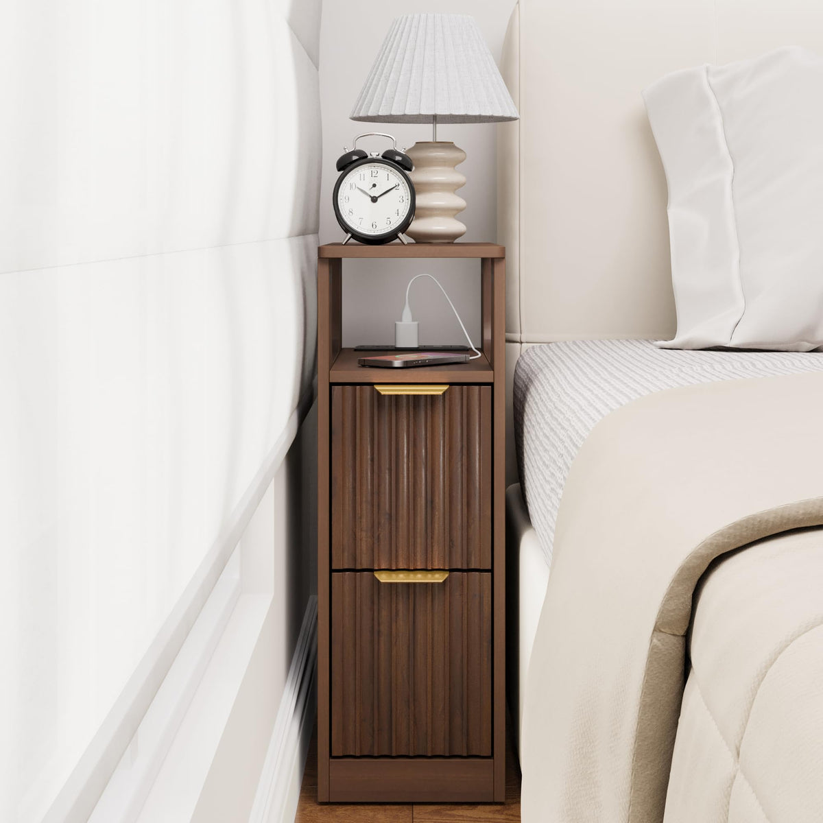JUSTOGO Narrow Nightstand Set of 2, Fluted End Table with Charging Station