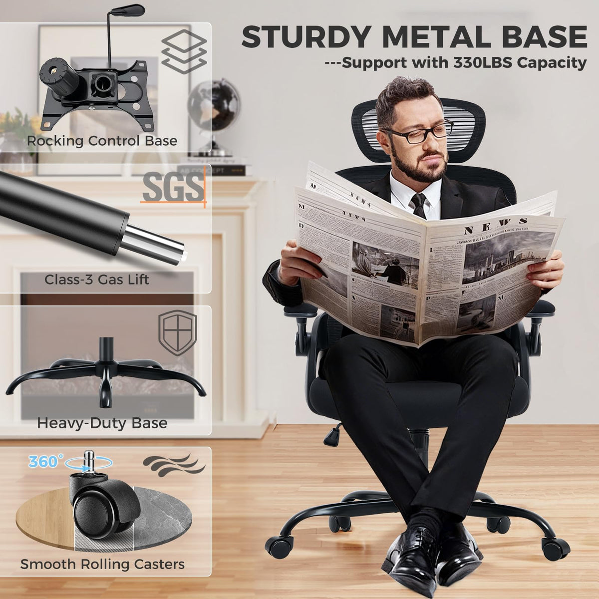 Office Chair with Adjustable Lumbar Support, Ergonomic Desk Chairs, Black