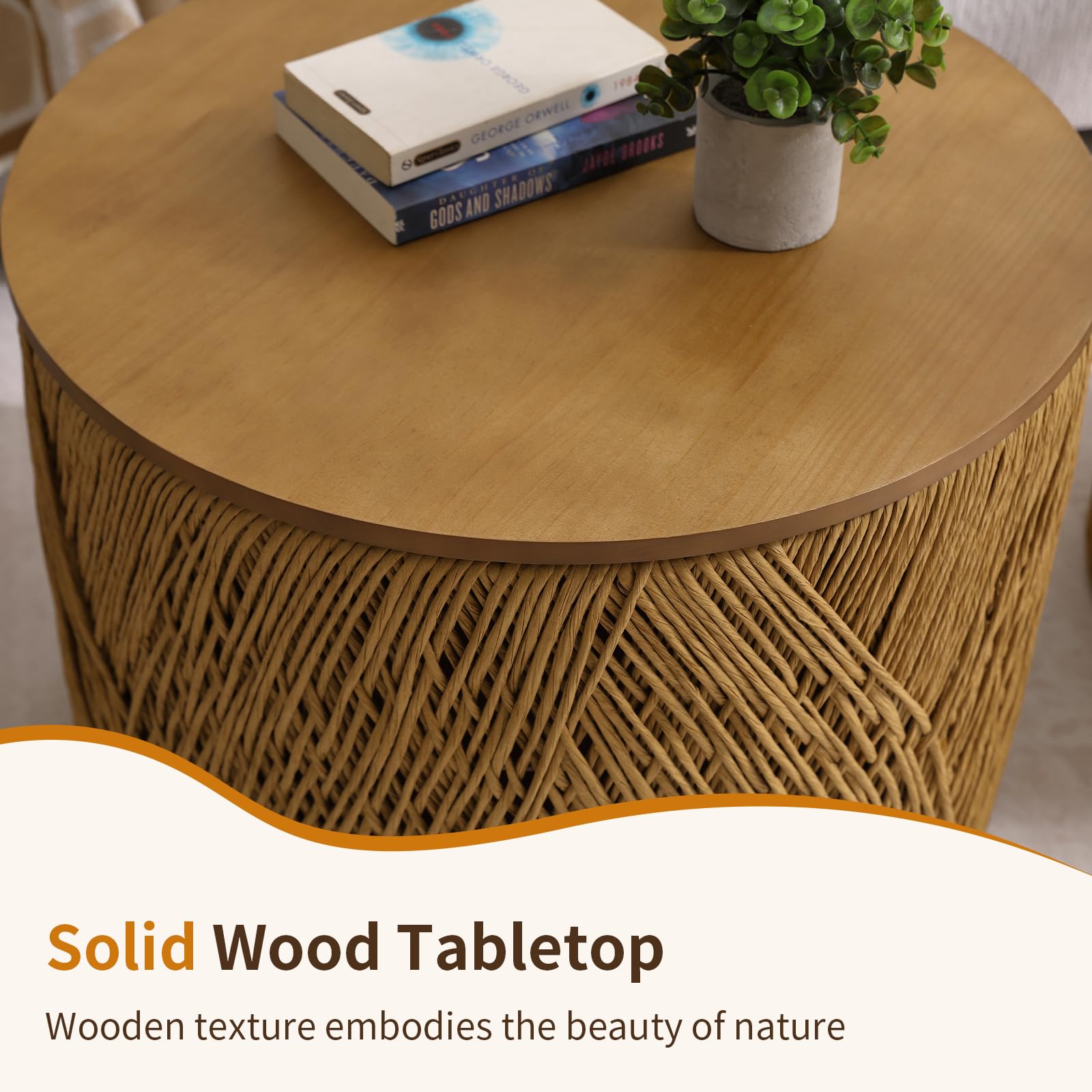 Round Nesting Coffee Table Set with Rattan Storage