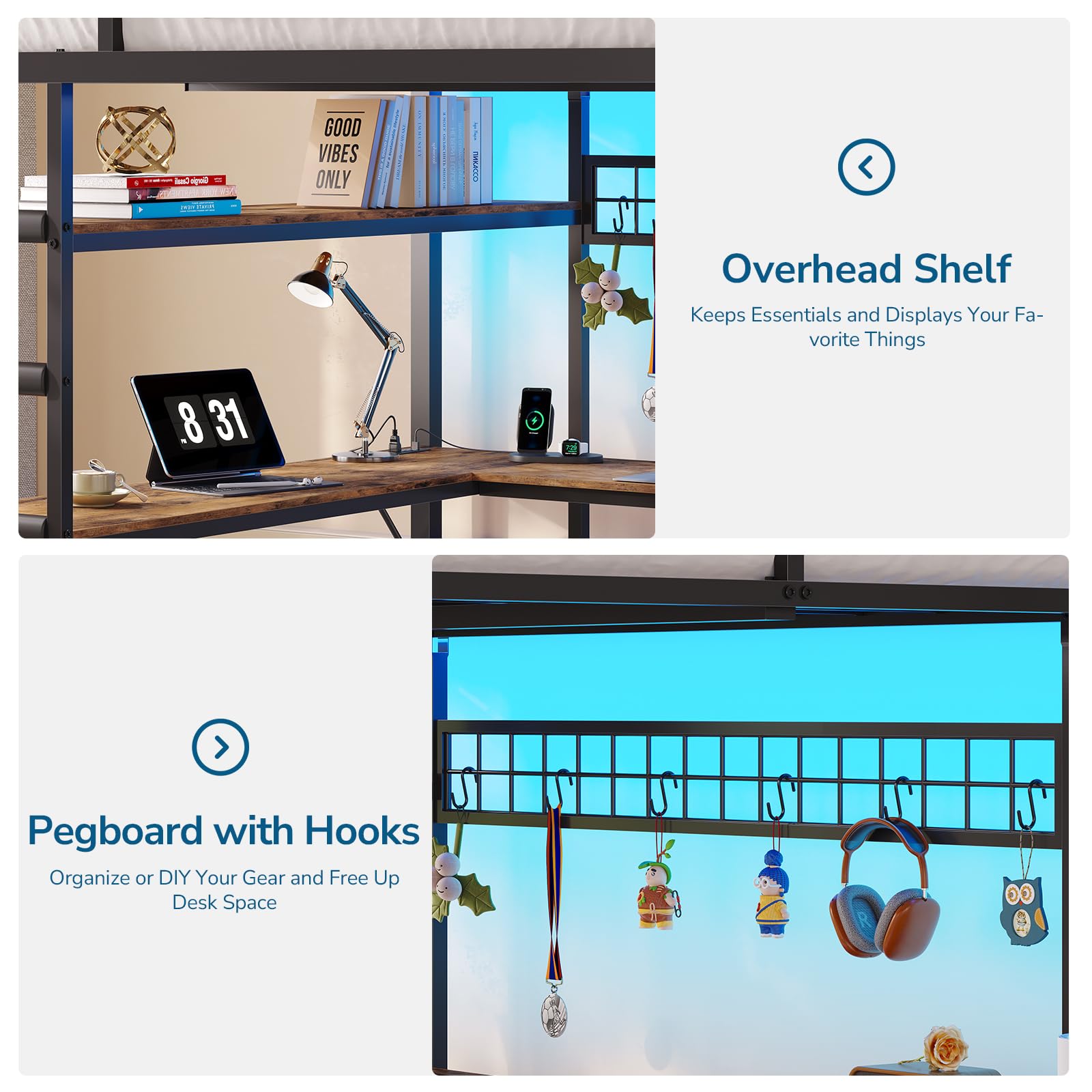 Full Size Loft Bed with Desk, Storage Drawers & RGB LED Lights