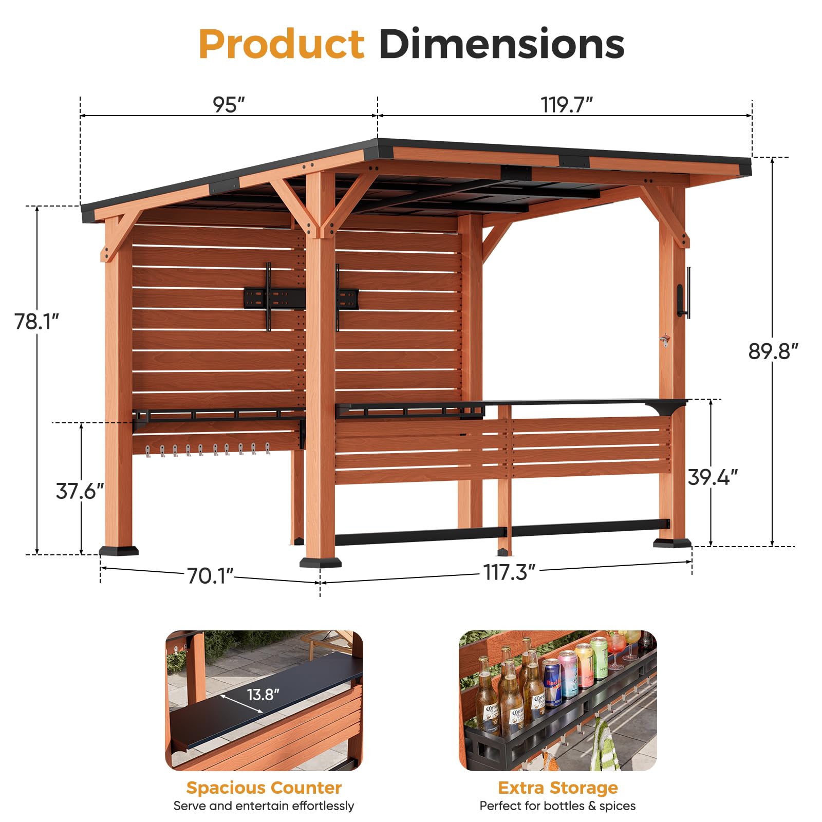10' x 8' Premium Outdoor Entertainment Bar Center, 26 Gauge Galvanized Steel Roof, Heavy-Duty Solid Wood Pillar,Warm Cedar Wooden Gazebo with Bar Top, TV Mount, Shelves and Hooks for Patio, Deck