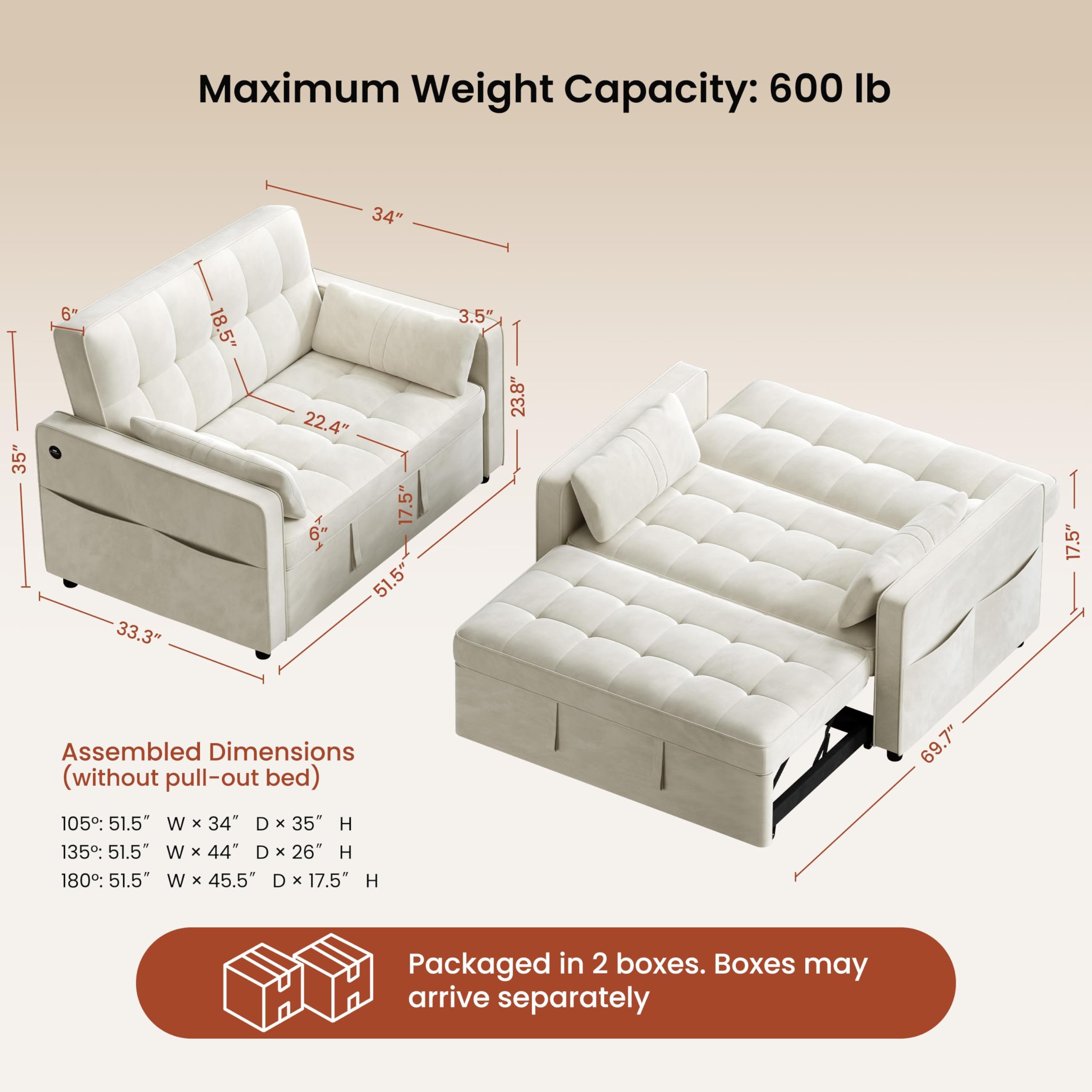 Yaheetech 3 in 1 Sofa Bed Convertible Velvet Sofa Pull Out Couch Folding Loveseat Sleeper with Adjustable Backrest, Armrest Pillows, USB Ports, Side Pockets for Living Room Bedroom Apartment, Beige