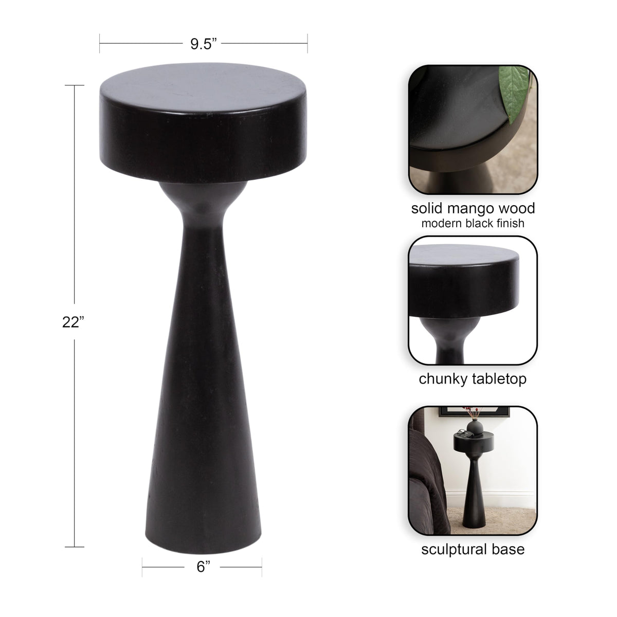 Kate and Laurel Solbrett Modern Sophisticated Round Drink Table; 10 x 10 x 22; Black; Contemporary Sculptural Bedroom Nightstand with Unique Pedestal Table Design for Use as Indoor Plant Stand