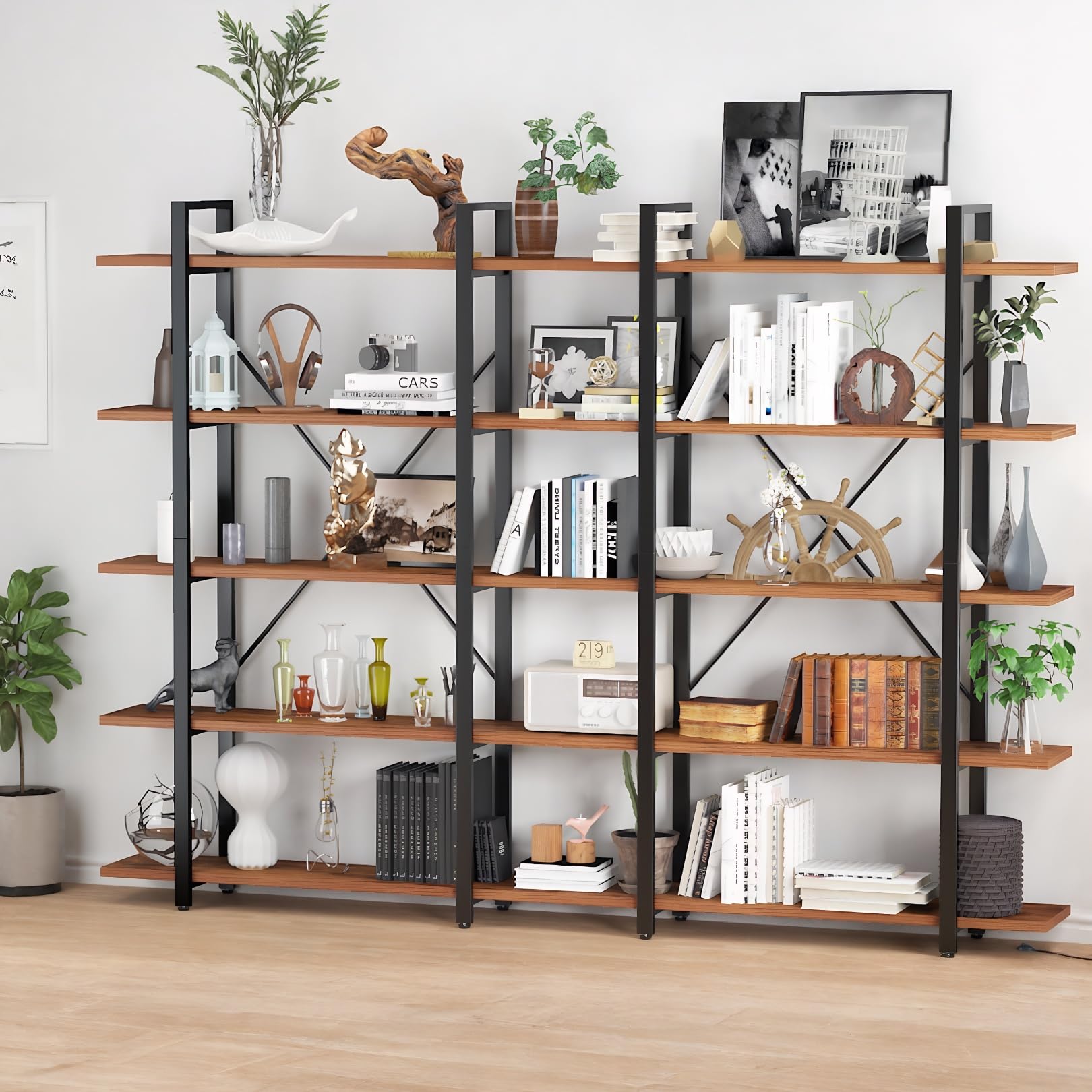 BATHWA Wood and Metal Minimalist 5 Tier Bookshelf, 6 feet Tall Open Rustic Wide Bookcase Industrial Style, Modern Wooden Big Book Shelf for Home Living Room Bedroom Office Storage, Rustic Brown