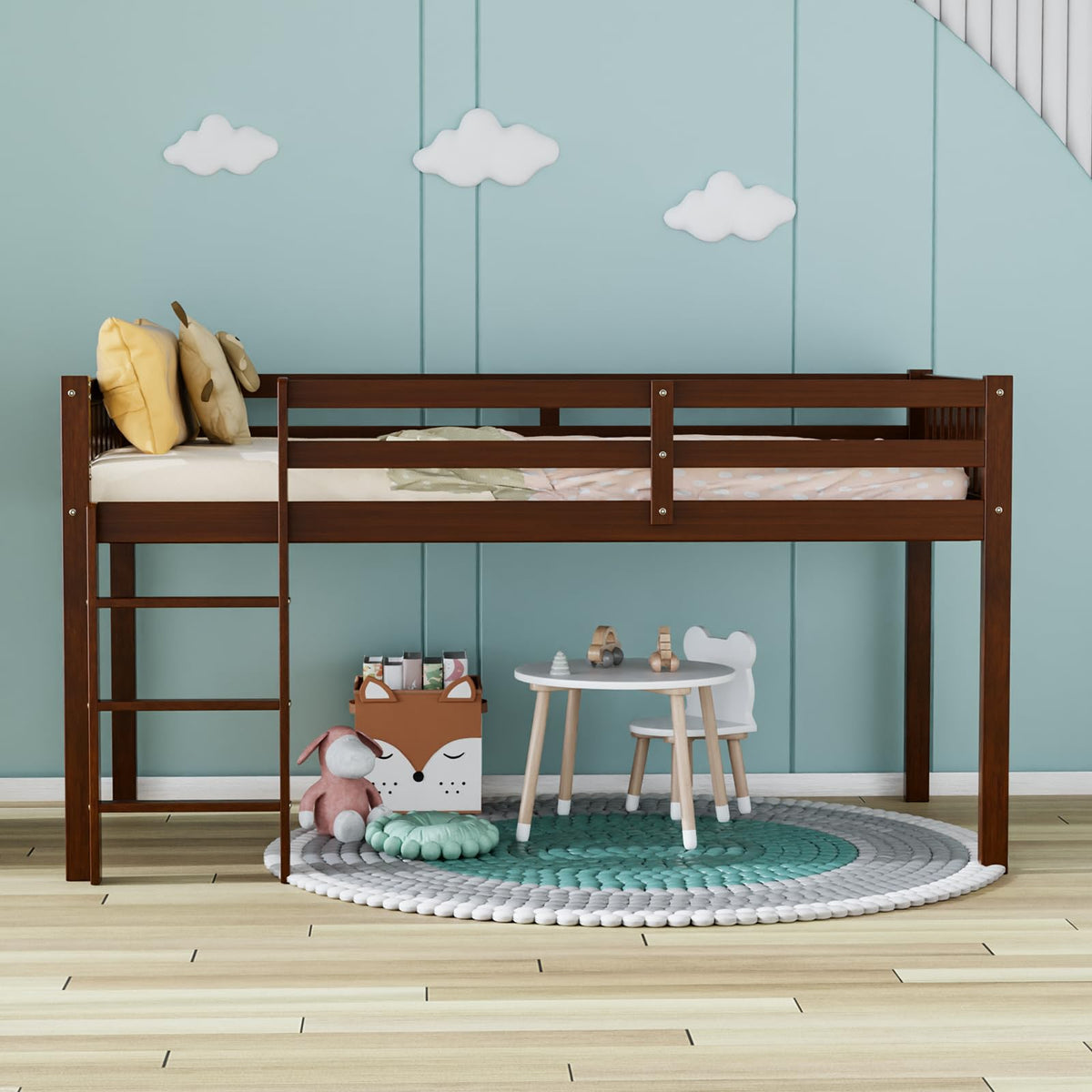 JOYMOR Low Loft Bed Twin Size with Stairs, Wooden Loft Bed for Kids, Junior，Young Teens，Pine Wood Twin Bed Frame, Space-Saving Design, No Box Spring Needed, Espresso