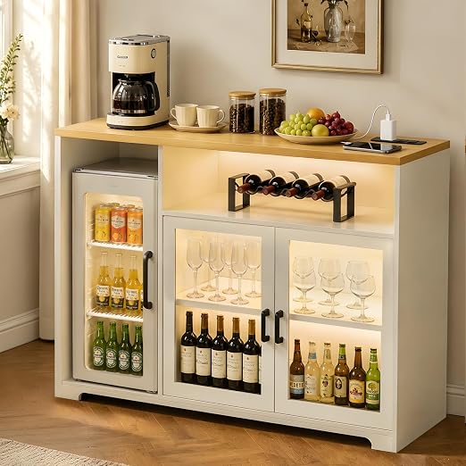 Wine Bar Cabinet with Fridge Space, LED Light & Power Outlets