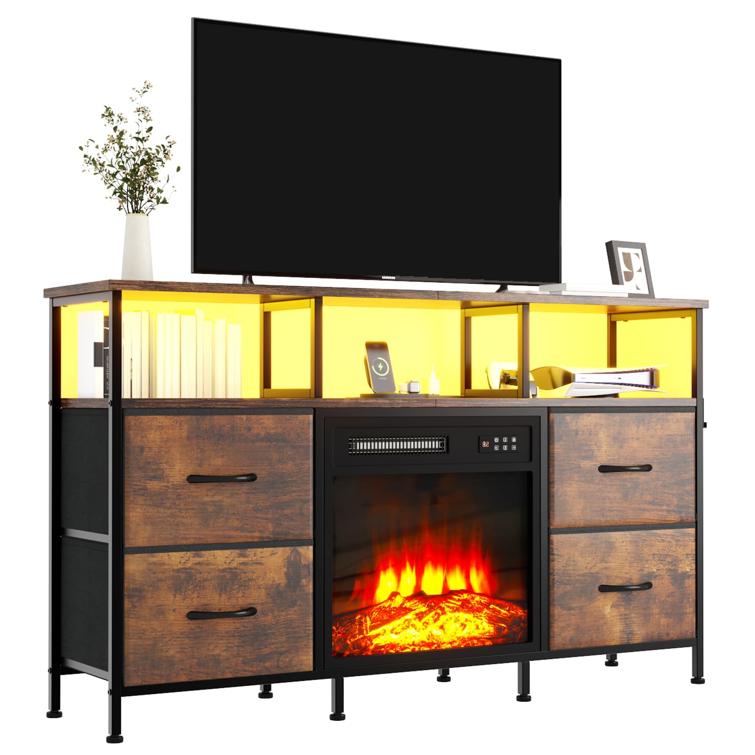Fireplace TV Stand with Drawers & LED Lights
