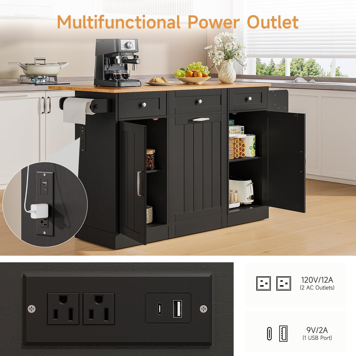 ONBRILL Kitchen Islands with Movable Wood Cutting Board & Trash Can, Black