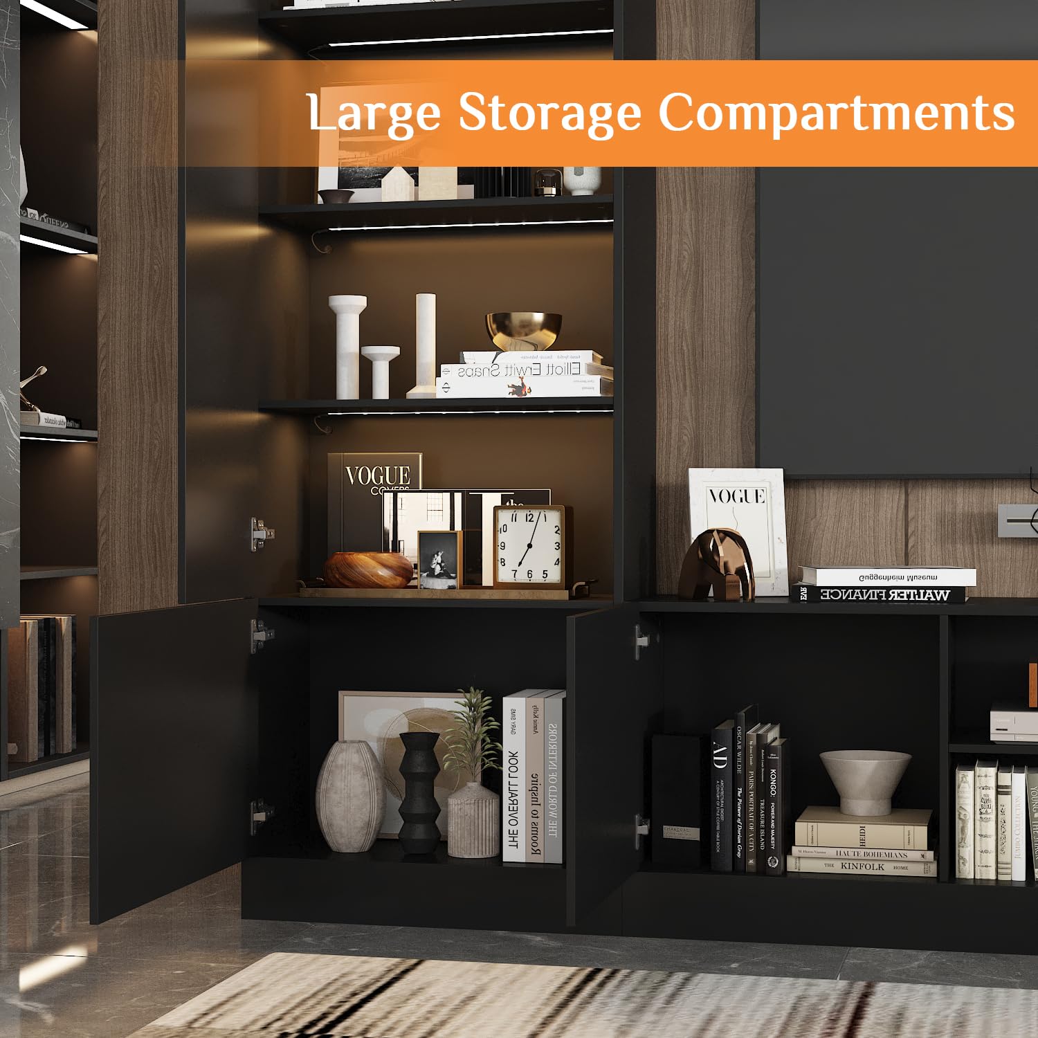WOODTIME 114" Large Wall Unit Entertainment Center with Bookshelves, Lights and 18 Shelves, Modern 4-Piece TV Stand Media Console Table with Bridge Cabinet for Living Room & Home Theater, Black