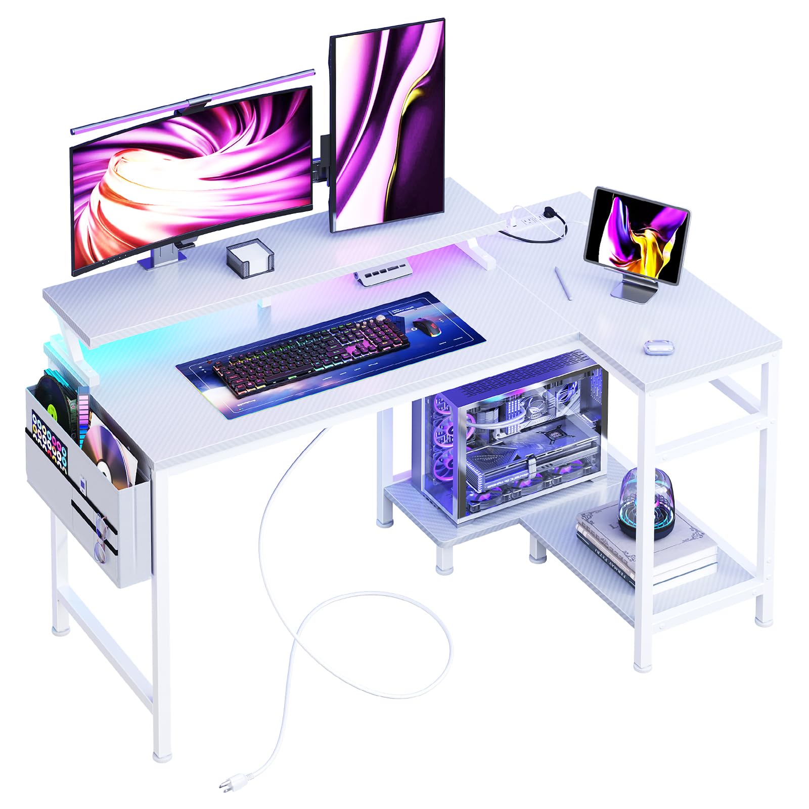 L-Shaped Gaming Desk with LED Lights & USB Charging