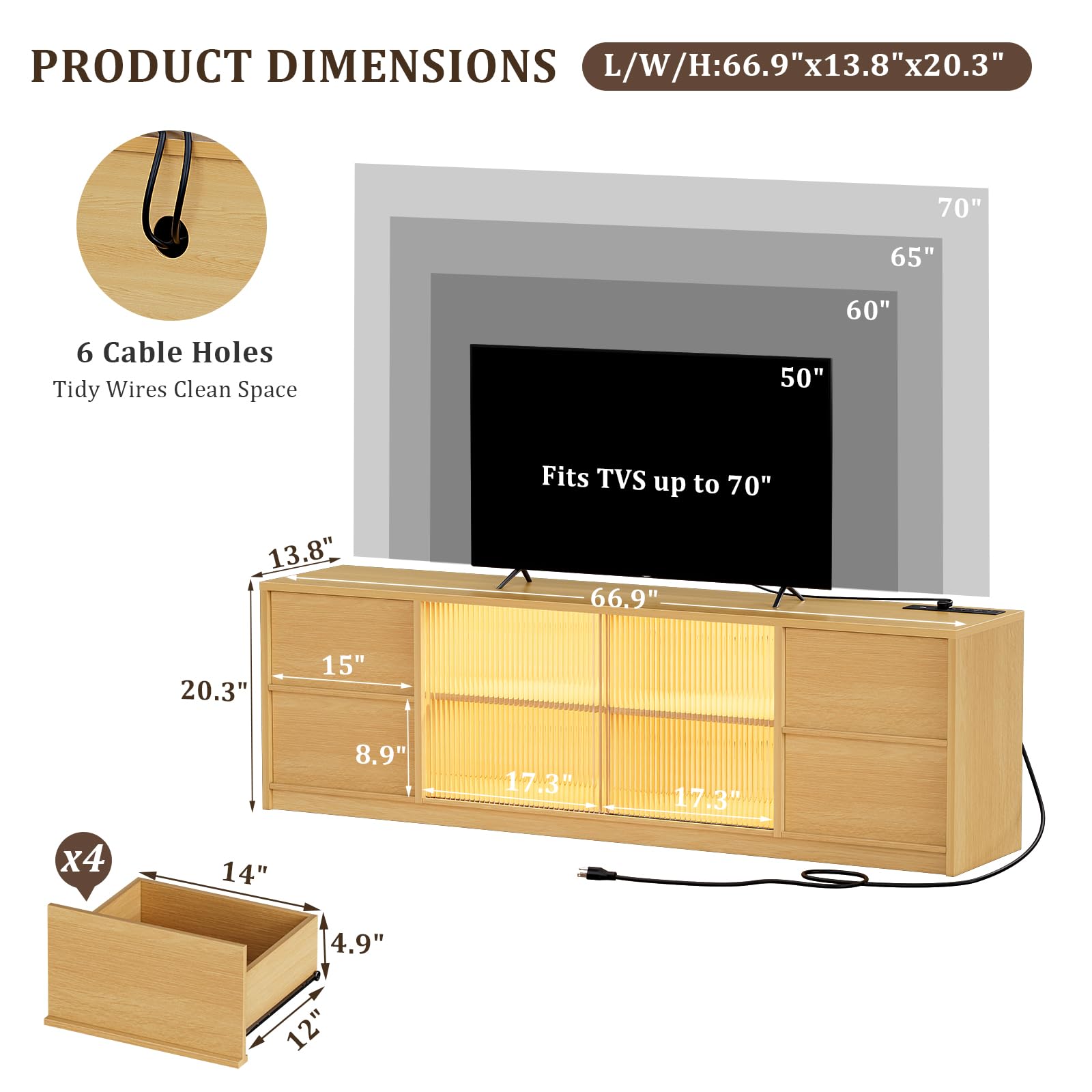 REAHOME 67" Wooden TV Stand for TVs up to 70 Inch, Entertainment Center with Charging Station and LED Light, Media Console Table with Storage Drawer & Sliding Door for Living Room, Natural Oak