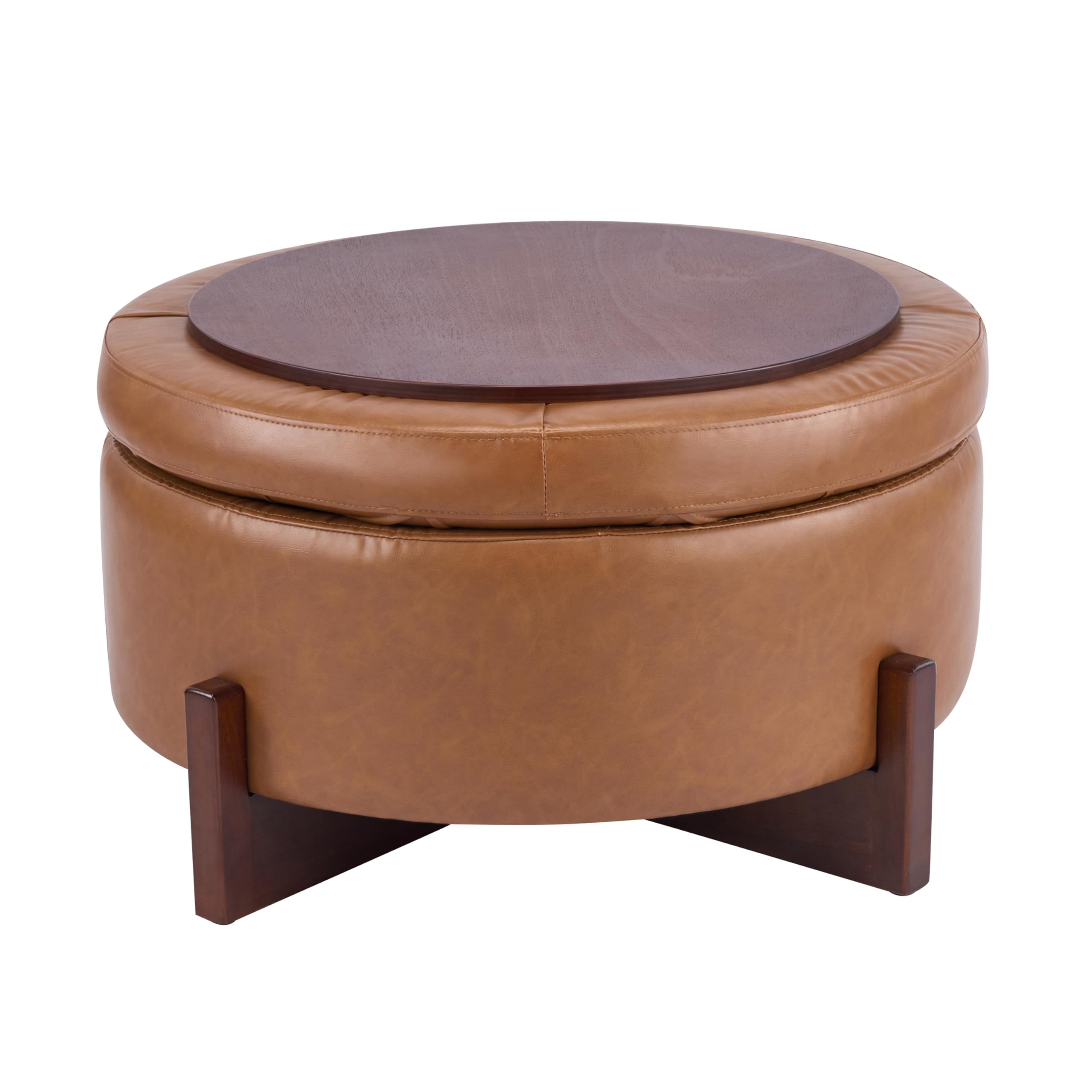 Christopher Knight Home 32" Round Storage Ottoman with Reversible Wooden Lid, Faux Leather Tufted Coffee Table, 2-in-1 Storage Ottoman, Hidden Storage Compartment, Solid Rubber Wood Base, Brown