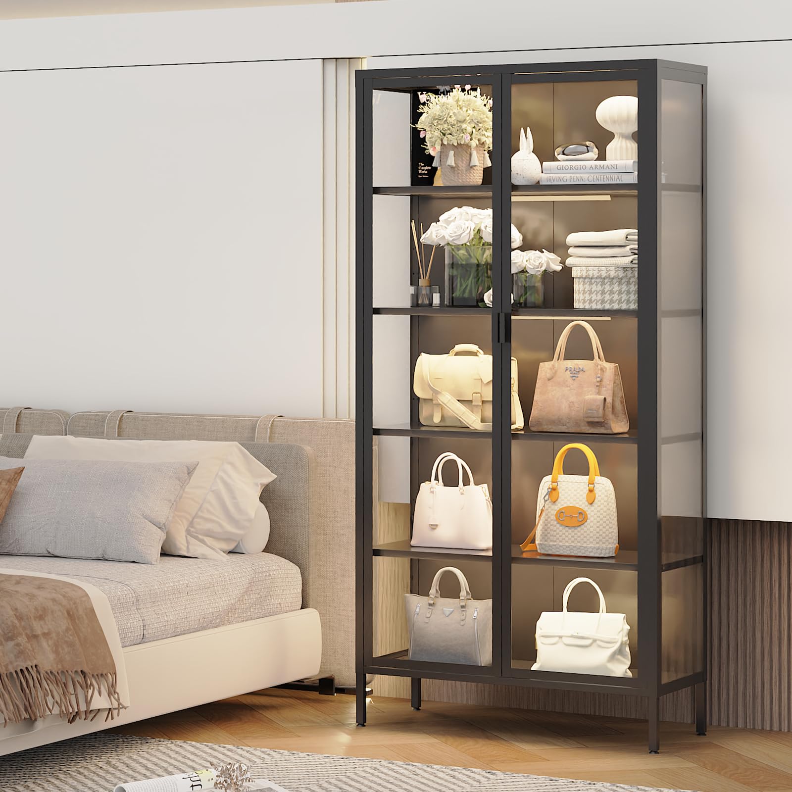 Glass Display Cabinet with LED Sensor Lights & Adjustable Shelves