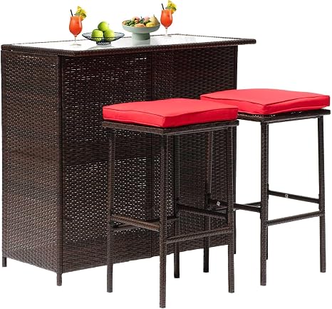 3-Piece Rattan Bar Set with Glass Table & 2 Stools
