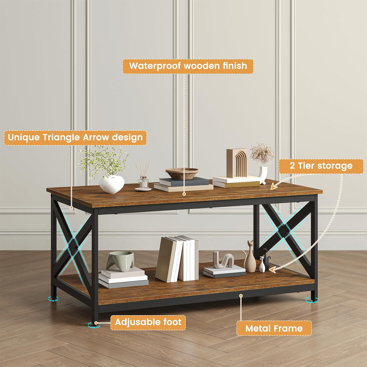 Bigbiglife Living Room Coffee Table Set of 3, Industrial X-Design Coffee Table and 2 End Side Tables, 3 Piece Living Room Table Set with Large Storage for Apartment Home (Dark Rustic Brown)