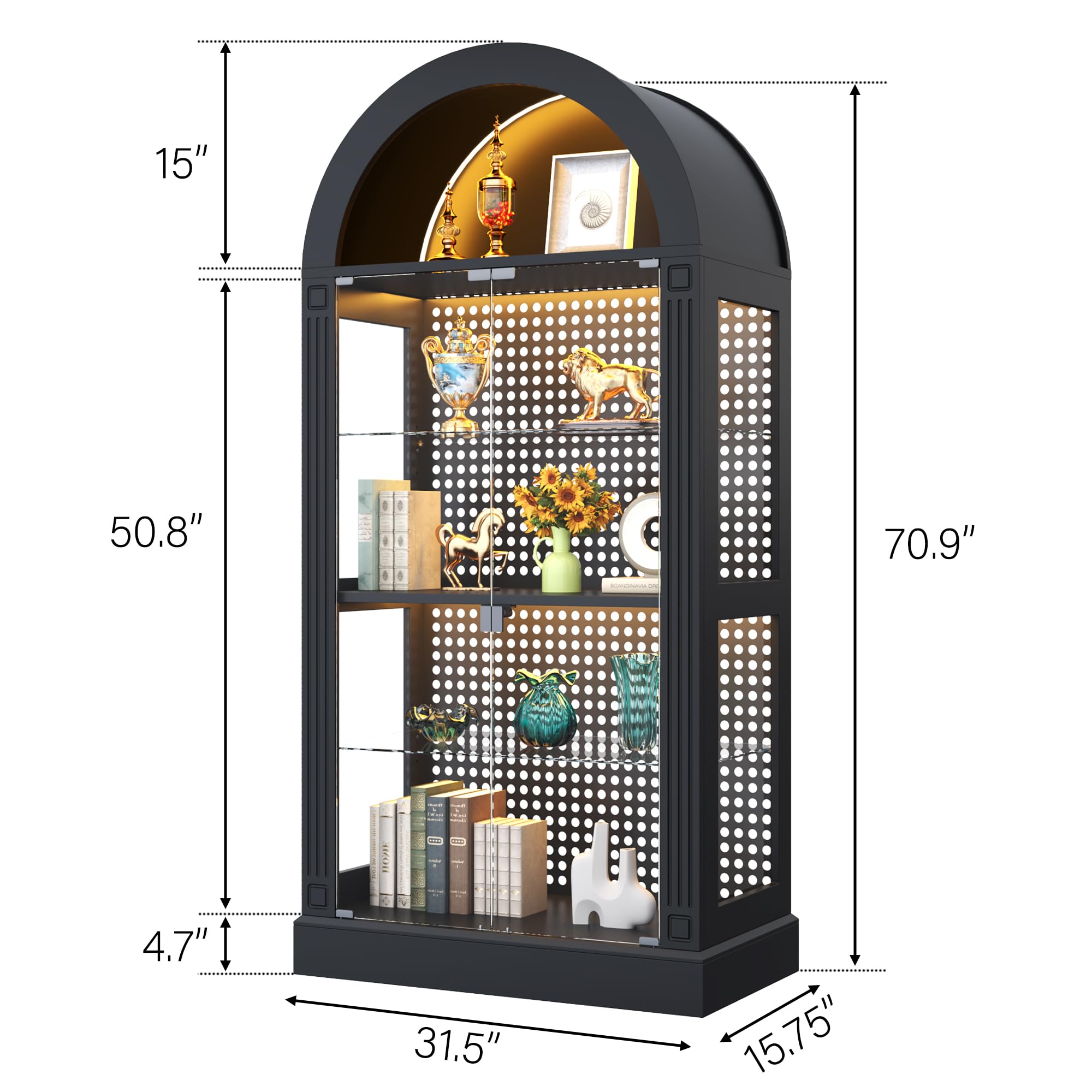 kepptory 5-Tier Glass Display Cabinet with Glass Doors, 71" Tall Arched Curio Cabinet with Roman Line Design and LED Lights, Display Case for Collectibles Bookcase Office and Kitchen