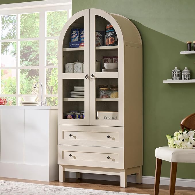 Tall Arched Kitchen Pantry Cabinet with Glass Doors