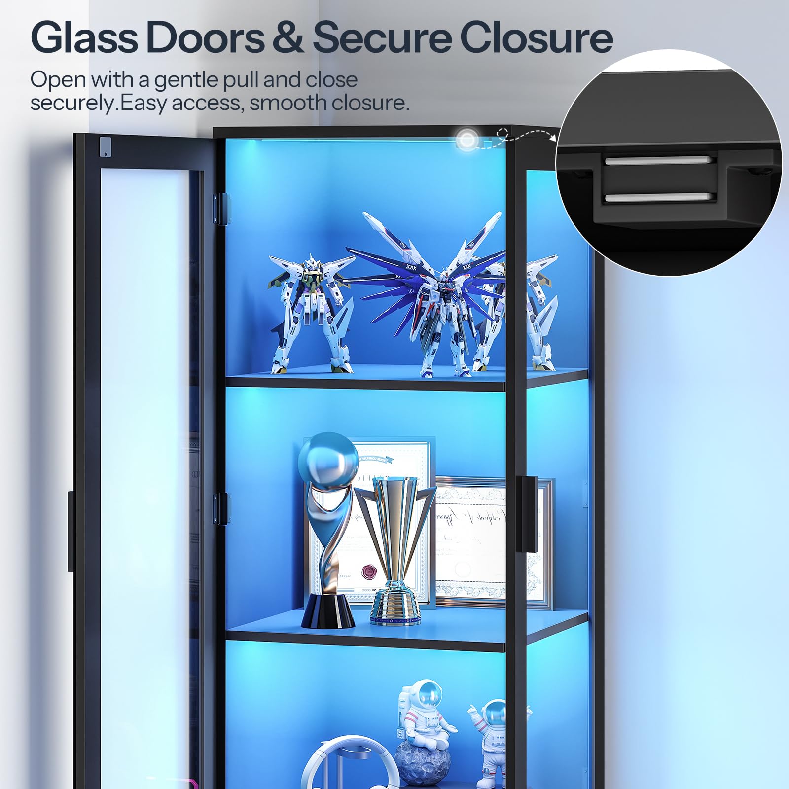 HOOBRO Corner Display Cabinet with Glass Doors，69.5" Glass Display Cabinet with LED Lights, Corner Storage Cabinets for Collectibles, Books, Modern Curio Cabinets Bookcase, Black BK01DDC01