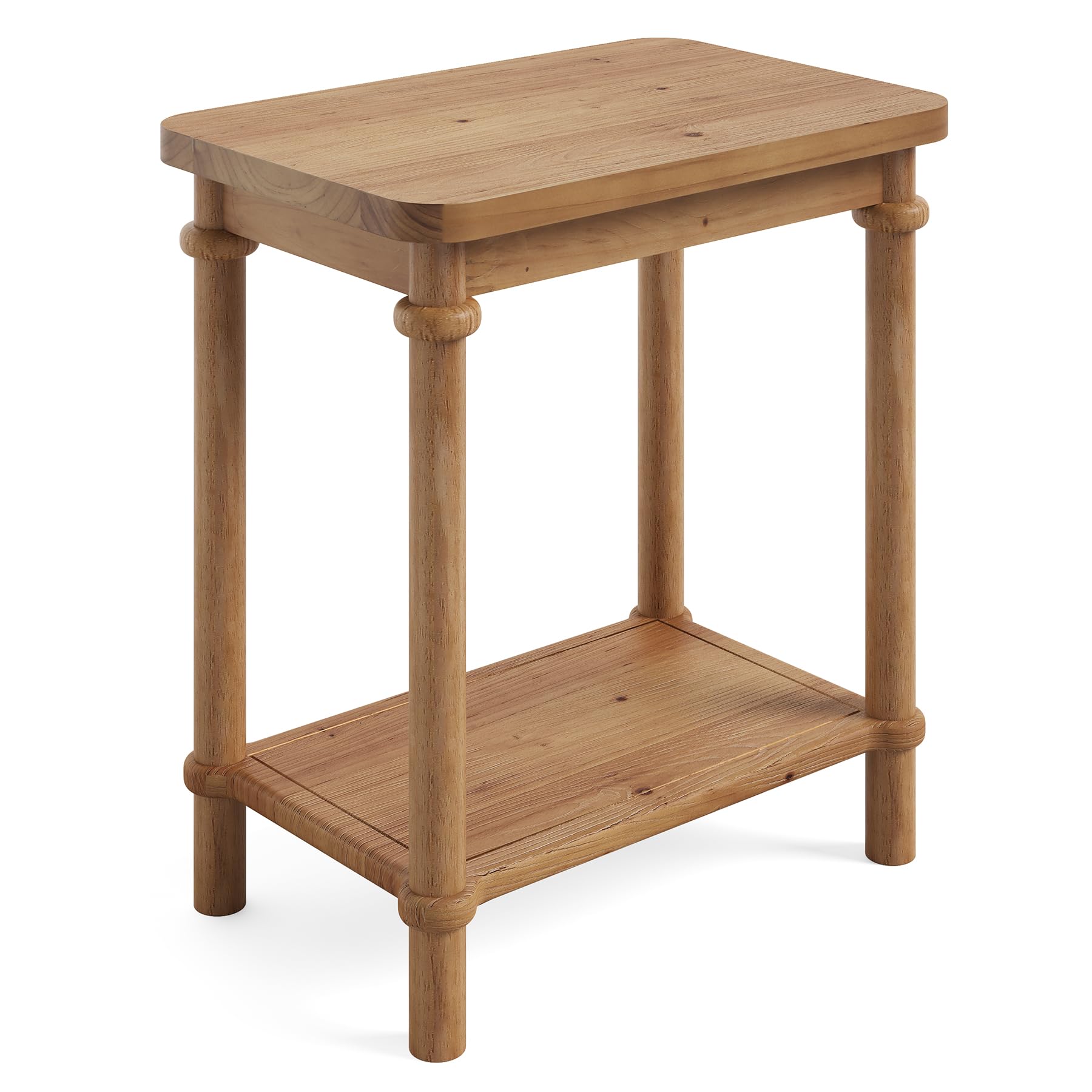 LITTLE TREE 2-Tier Side Table, Rectangular End Table with Storage Shelves & Round Tabletop Edges, Solid Wood Nightstand for Small Spaces, Living Room, Bedroom, Easy Assembly, Light Brown