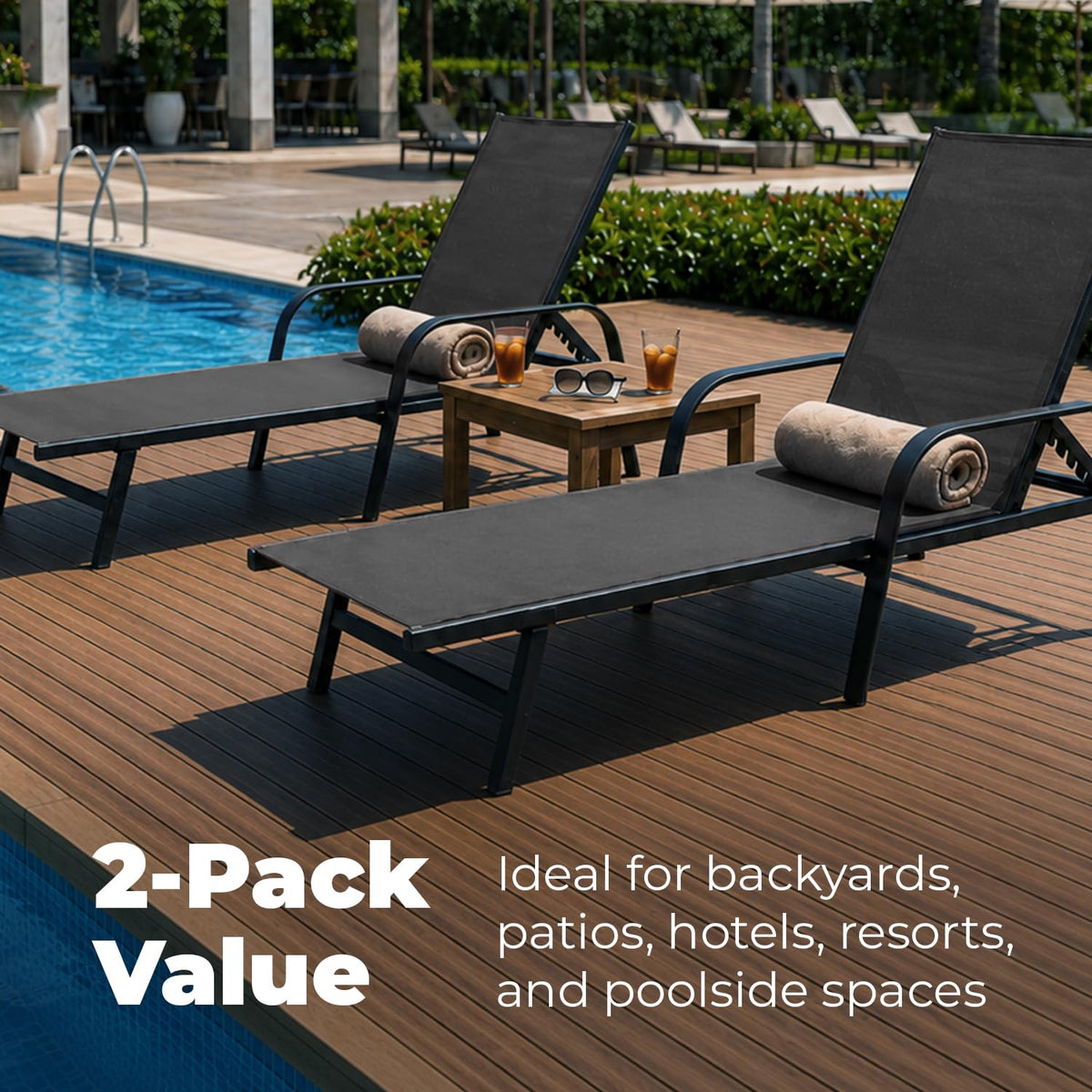 ComfySure Metal Outdoor Lounge Chairs, Set of 2 with Armrests – 5-Position Adjustable Recline, Weather-Resistant Anti-Rust Finish – Patio, Deck & Poolside Sun Loungers, Charcoal