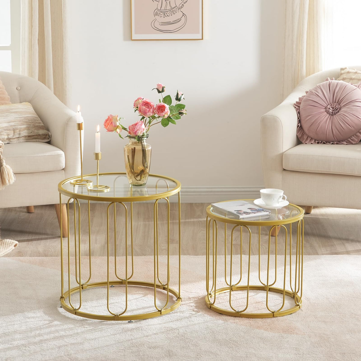 HOOBRO Small Coffee Table Set of 2, Gold Accent End Table with Metal Frame