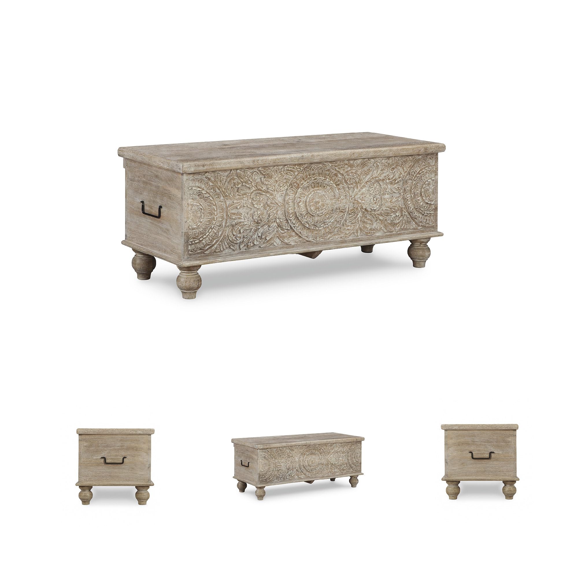 Boho Carved Wood Storage Bench with Hinged Top