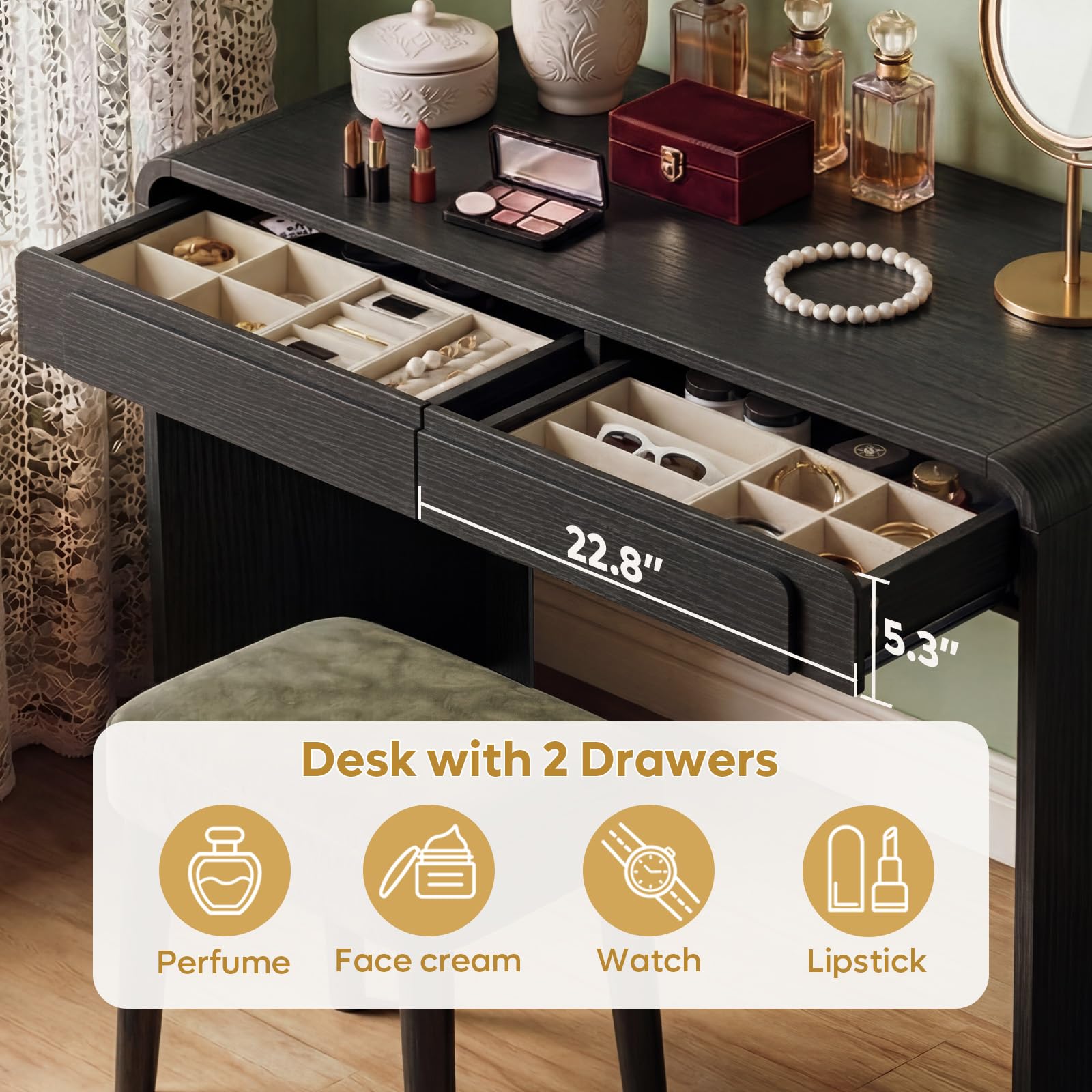 Bestier Computer Desk with 2 Drawers, 47 Inch Wood Home Office Desk, Small Writing Table with Curved Handles & Waterfall Rounded Edges, Cute Modern Desks for Bedroom Study Living Room, Black