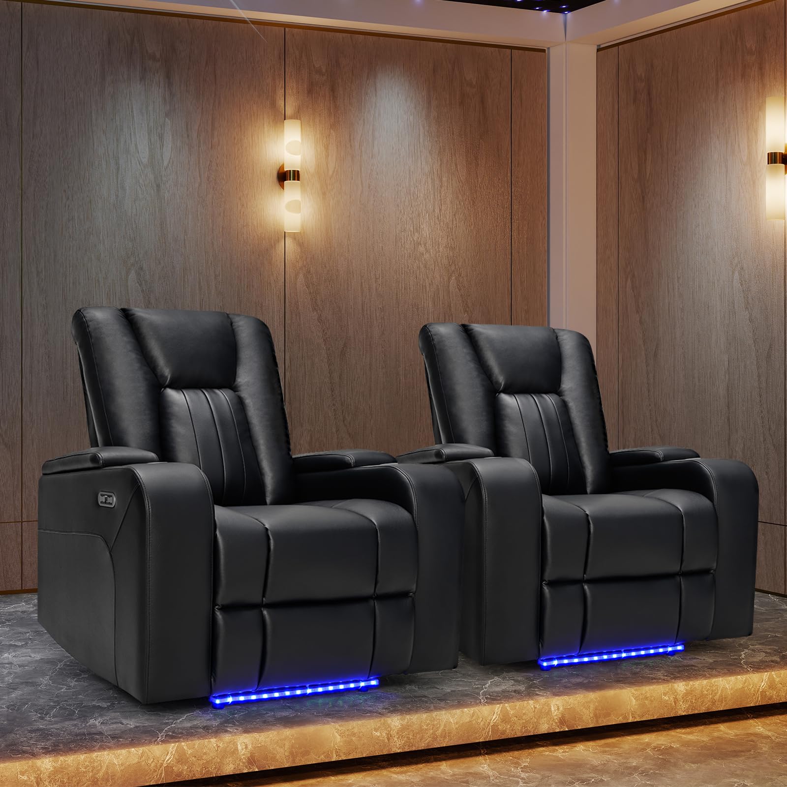 CANMOV Power Home Theater Seating, Set of 2 PU Leather Electric Recliner Chair with USB Tape-C Ports, LED Light, Cup Holders, Hidden Arm Storage(Black)