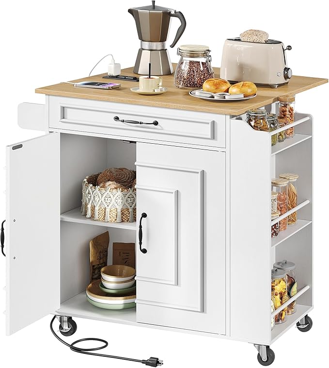 Rolling Kitchen Island with Drop Leaf & Power Outlets