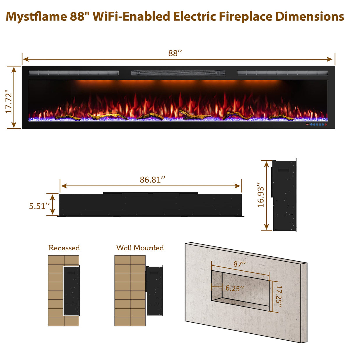 Mystflame 88" WiFi Electric Fireplace Pro, Recessed/Wall Mounted Heater
