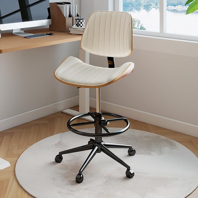 Ergonomic Drafting Chair with Walnut Wood Back