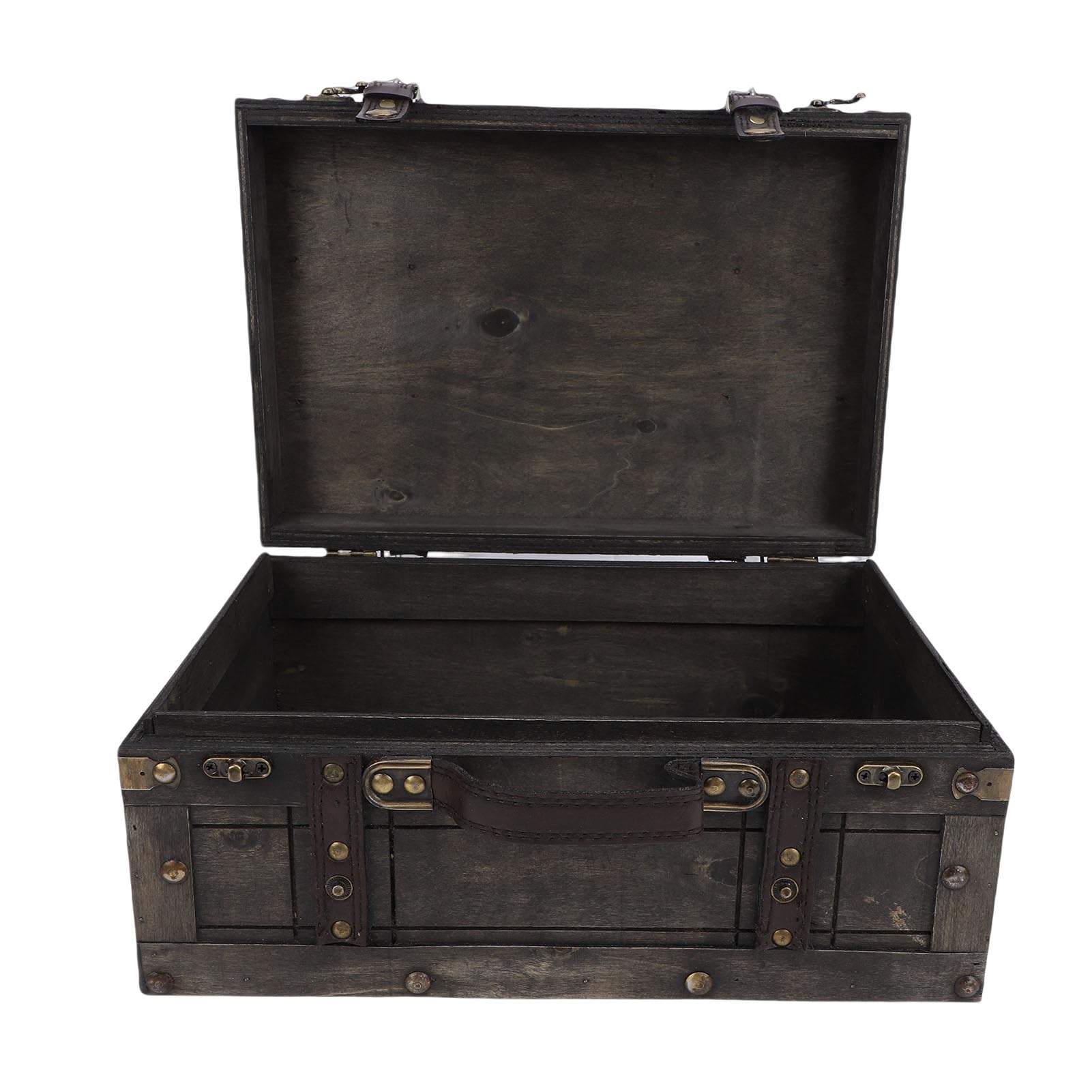 Vintage Wooden Storage Trunk with Hinged Lid & Leather Handle