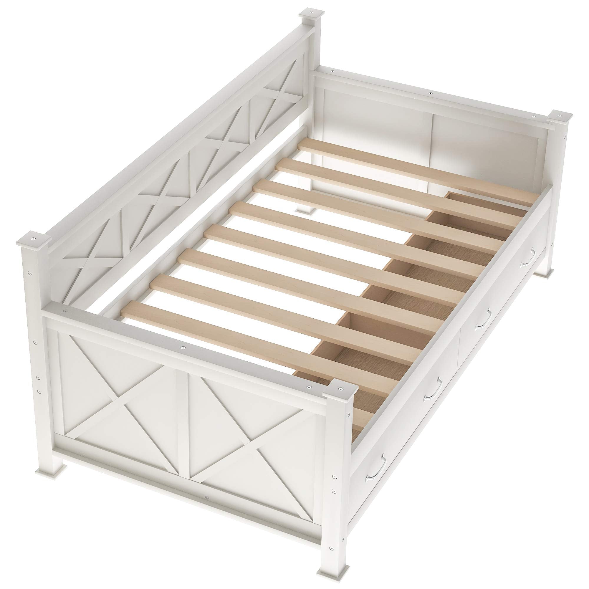 Twin Size Solid Wood Daybed Frame with 2 Storage Drawers,X-Shaped Backrest and Armrests,Low Profile Design,Perfect for Kids Room,Small Space,Apartment,No Box Spring Needed,Space Saving,Cream White